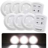 Wireless Stick On Puck LED Tap Light Bright Remote Battery Under Cabinet Closet - Bundle: 6 Lights with 2 Remote Control