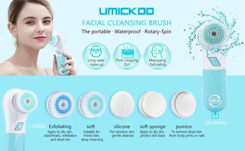 Facial Cleansing Brush,UMICKOO Face Brush Waterproof With 5 Exfoliating Heads,Rotary Spin Brush Cleansing System for Gentle Exfoliation and Deep Scrubbing (Blue)