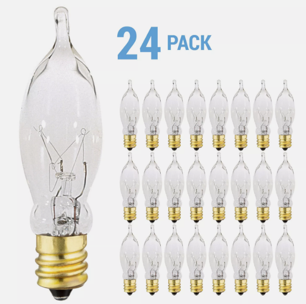 24 Pack Bulbrite 403307 Flame Tip 120V 7.5W Watt CA5 Candelabra E12 Base Clear