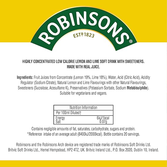 Robinsons Squash'd Lemon & Lime No Added Sugar 66ml (Pack of 4)