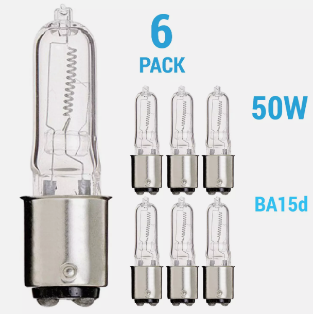 6 Pack JD Type 50Q 50W 120V T4 Double Contact DC Bayonet BA15d Clear Warm White