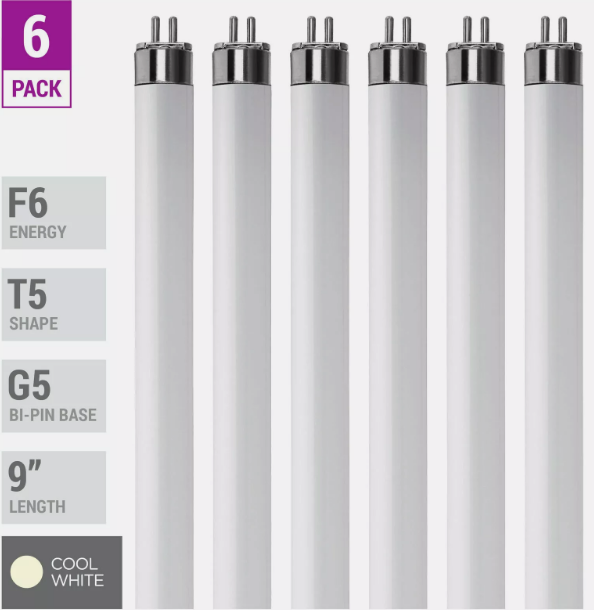F6T5 CW 41K Fluorescent Tube 9" Inches 6W Watt T5 Mini Bi 2-Pin G5 Cool White