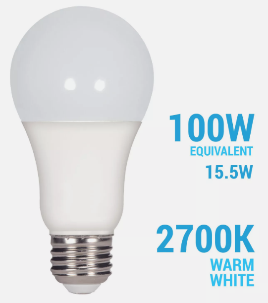 LED A19 Bulb 15.5W =100W Non-Dimmable 1600 Lumen 2700K Warm White Frost E26 Base