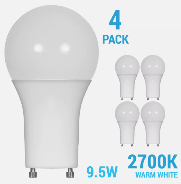 4 Pack LED 9.5W Watt =60W 120V A19 Twist and Lock GU24 Dimmable 2700K Warm White