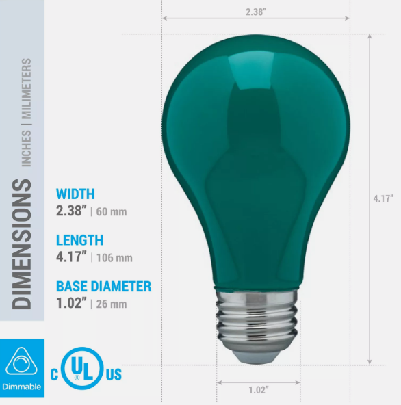 CERAMIC GREEN LED Bulb A19 Medium E26 8W 60 Watt Equivalent Damp Location Rated