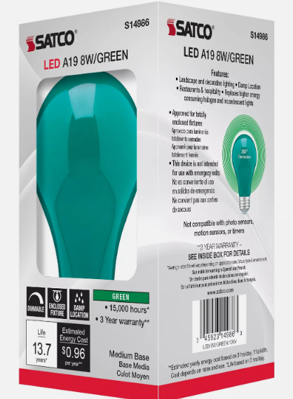 CERAMIC GREEN LED Bulb A19 Medium E26 8W 60 Watt Equivalent Damp Location Rated