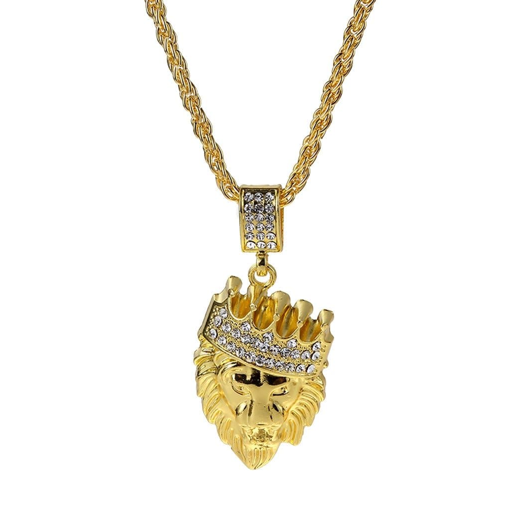 New Fashion Mens Full Iced Out Rhinestone Lion Tag Pendant Cuban Chain Hip Hop Necklace