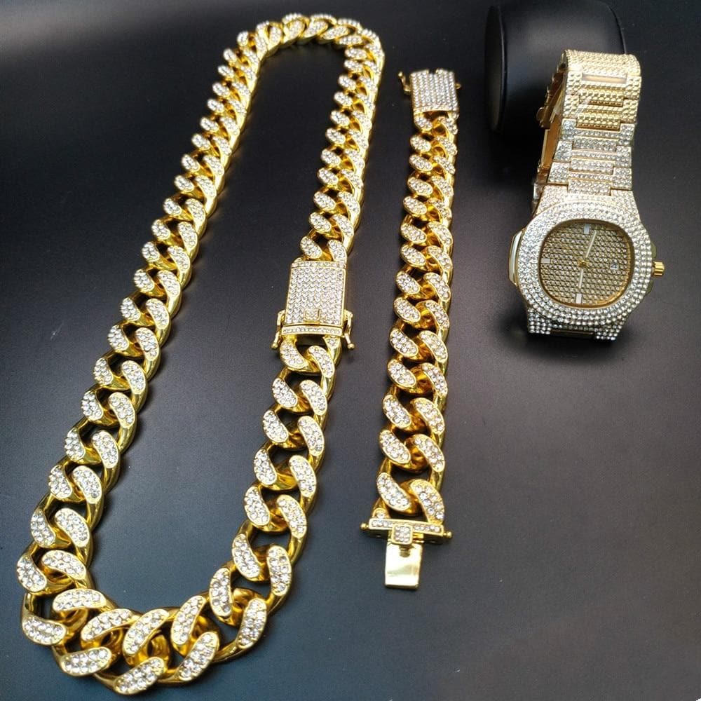 0.8 Inch Hip Hop Gold Color Ice Out Cuban Crystal Miami Cuban Chain Gold Silver Men Watch & Necklace & Bracelet Set Hip Hop King New