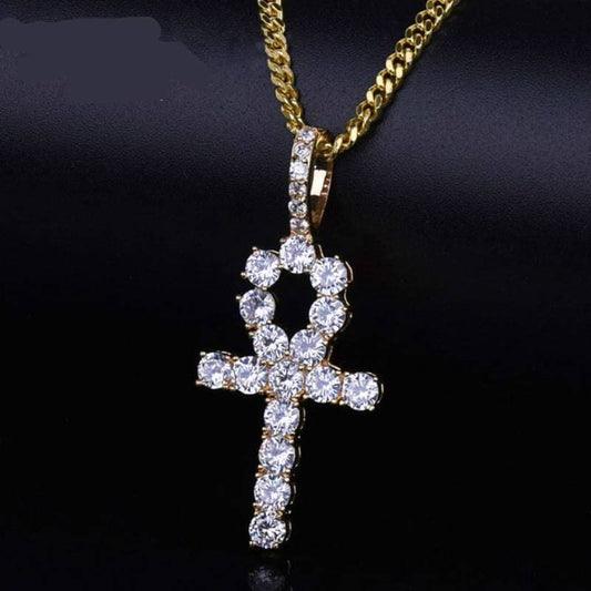 Ankh Cross Pendant Gold Color Copper Material CZ Egyptian Key of Life Pendant Necklace Men Women Hip Hop Jewelry