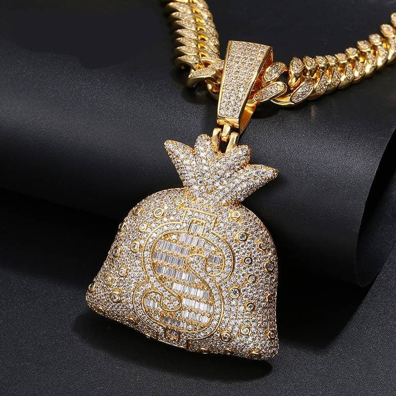 Hip Hop Big Money Bag Pendant Necklace Iced Out Bling Cubic Zircon Men's Rapper Jewelry Top Quality Fashion Jewelry