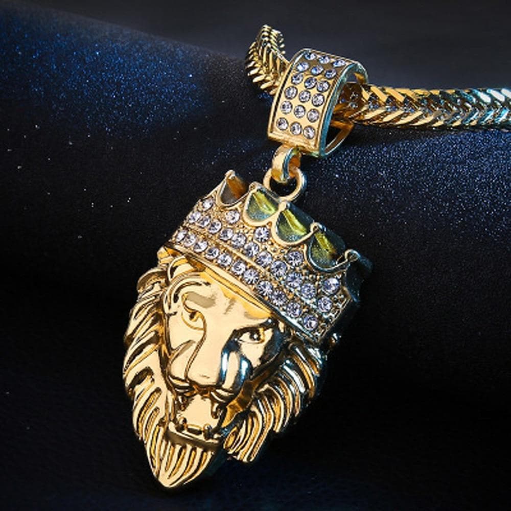 Men's Full Iced Rhinestone Crown Lion Tag necklaces pendants Hip hop Cuban Chain Hip Hop Necklace Gold Jewelry For Male