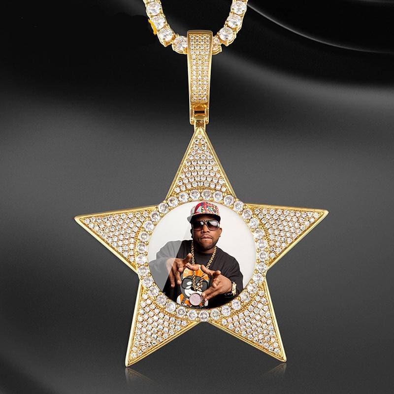New Design Custom Picture Memory Medallions Solid Pendant Necklace 5 Coner Star Shape Hip Hop Jewelry Personalized Cubic Zircon