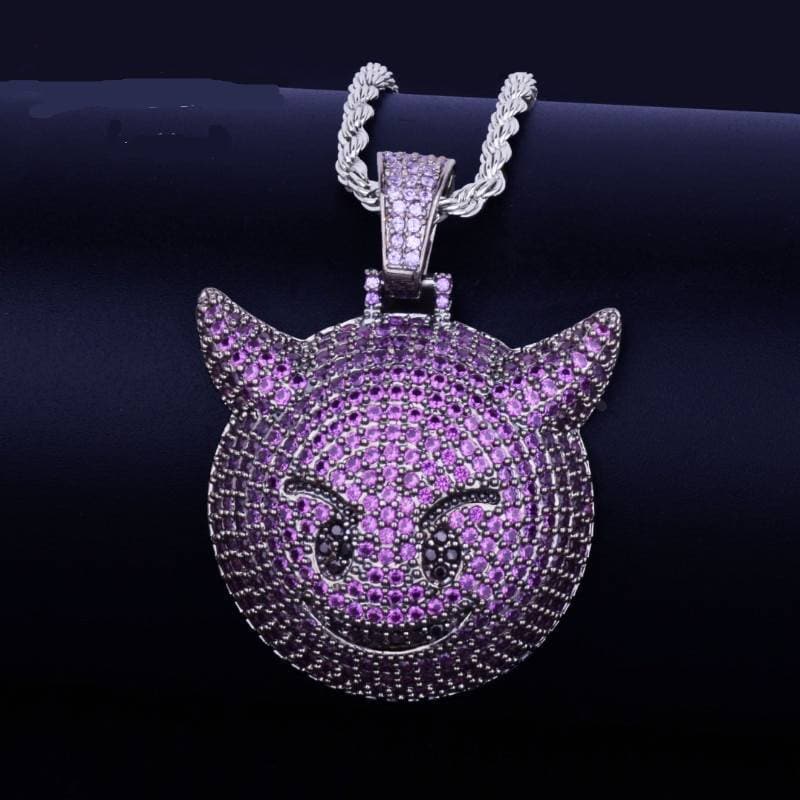 Purple Color Demon Evil Expression Necklace & Pendant With Tennis Chain Bling Zircon Fashion Hip hop Rock Street Jewelry