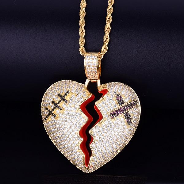 Red Color oil Broken Heart Pendant With Tennis Chain Necklace Gold Color Cubic Zircon Men's Hip hop Street Rock Jewelry