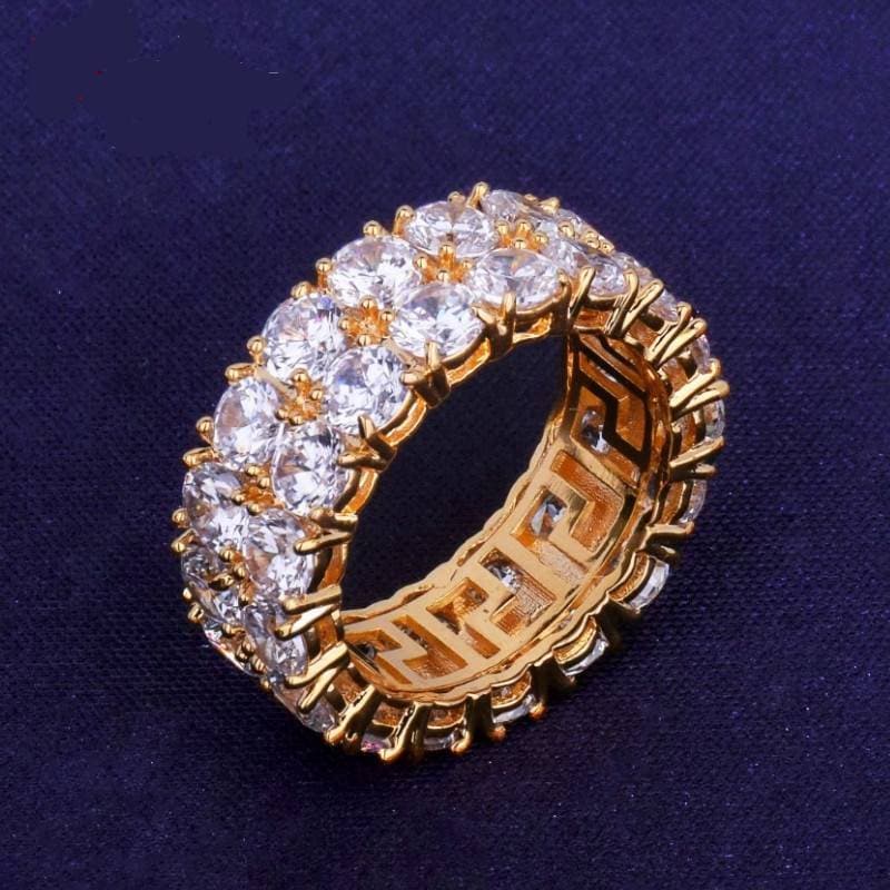 Two Row Solitaire Men's Ring Copper Charm Gold Color Cubic Zircon Iced RING Fashion Hip Hop Jewelry