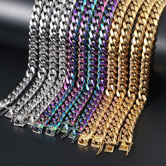 10mm Width Heavy Colorful Cuban Chain For Men's Hip Hop Jewelry Fashion Top Quality Steel Necklace & Bracelet 18/22/24inch