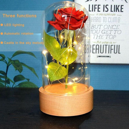 Beauty and the Beast Red Rose in a Glass Dome with LED Light and Base for Valentine's Mother's Day Gifts