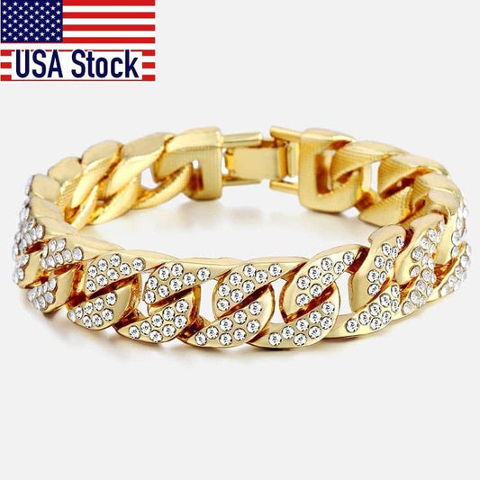 0.5 Inch Men's Bracelet Hip Hop Miami Cuban Link Gold Silver color Iced Out Paved Rhinestones Male Wristband Street Jewelry