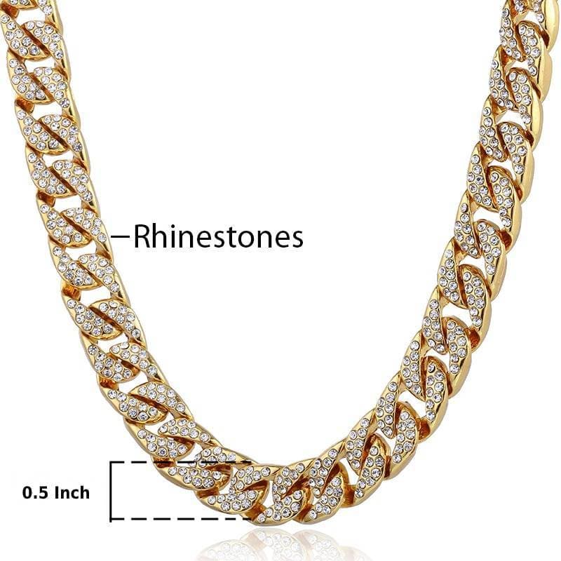 Necklace Miami Curb Cuban Chain Gold color Hip Hop Iced Out Paved Rhinestones CZ Rapper Male Necklace Jewelry