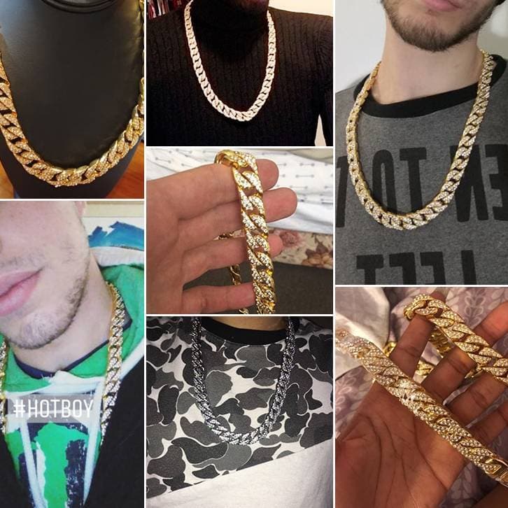Necklace Miami Curb Cuban Chain Gold color Hip Hop Iced Out Paved Rhinestones CZ Rapper Male Necklace Jewelry