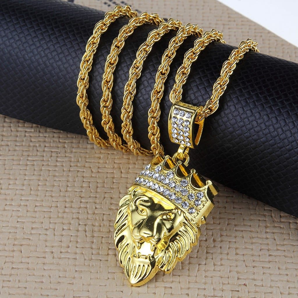 New Fashion Mens Full Iced Out Rhinestone Lion Tag Pendant Cuban Chain Hip Hop Necklace