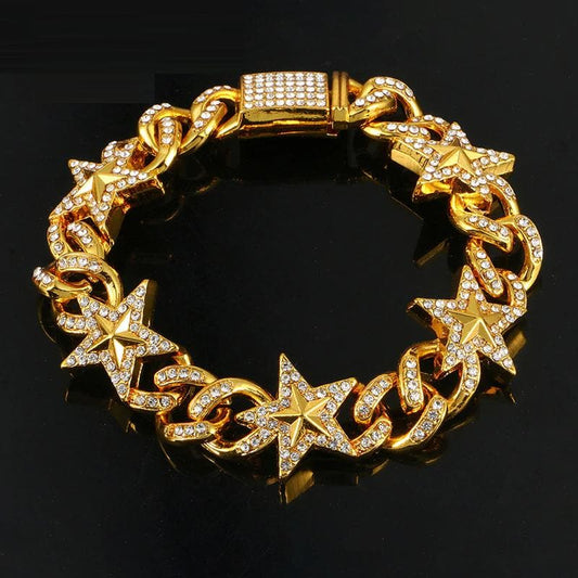 Fashion Men's Bracelet Star Zircon Curb Miami Cuban Link Bracelet Gold Silver Iced Out Paved Rhinestone Wristband Street Jewelry