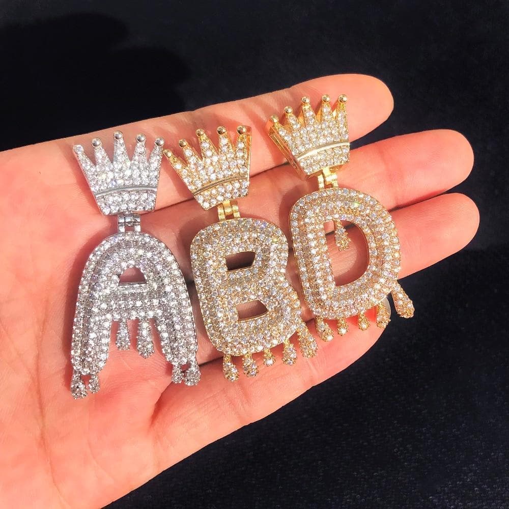 Crown Bail Drip Initials Bubble Letters Chain Necklaces & Pendant For Men Women Gold Color Cubic Zircon Hip Hop Jewelry