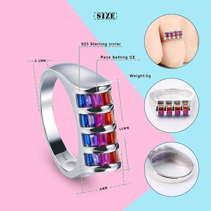 Elegant 4 Row Rainbow Crystal Rings 925 Sterling Silver Knuckles Boxing Glove Ring For Women Lady Fashion Wedding Jewelry Gifts