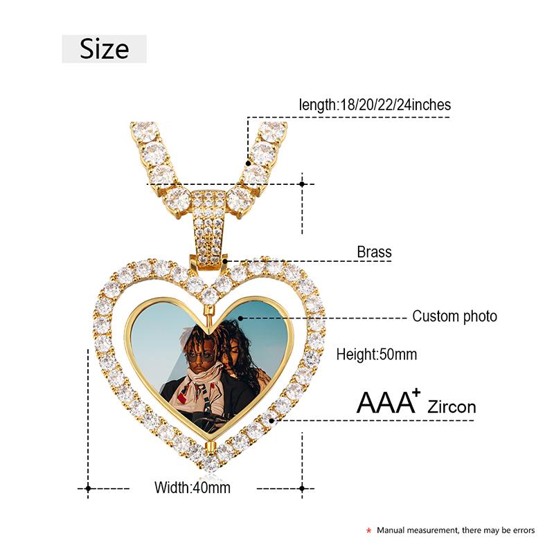 Hollow Heart Custom Photos Rotating Double-side Memory Medallion Solid Pendant Necklace Zircon Tennis Women Men Hip Hop Jewelry