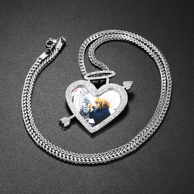 Trend Heart Arrow Memory Custom Picture Pendant Necklace Solid Back Micro Pave Charm With Angel Halo Men's Hip Hop Jewelry