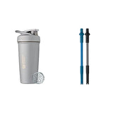 BlenderBottle Strada Shaker Cup Insulated Stainless Steel Water Bottle with Wire Whisk, 24-Ounce, Grey & Stay-In-Bottle Reusable Silicone Straws Shaker Bottles, Black and Blue