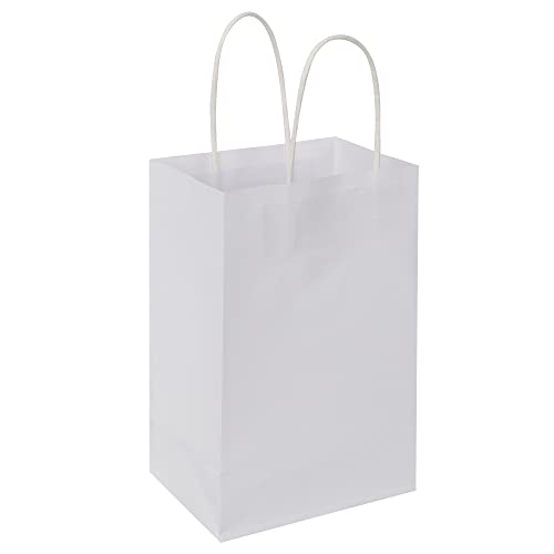 Oikss 100 Pack 5.25x3.25x8.25 Inch Small Kraft Bags with Handles Bulk, Paper Bags Birthday Wedding Party Favors Grocery Retail Shopping Business Goody Craft Gift Bags Cub Sacks (White 100PCS Count)