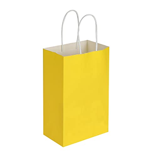 Oikss 100 Pack 5.25x3.25x8.25 inch Small Kraft Bags with Handles Bulk, Paper Bags Birthday Wedding Party Favors Grocery Retail Shopping Business Goody Craft Gift Bags Cub Sacks (Yellow 100PCS Count)