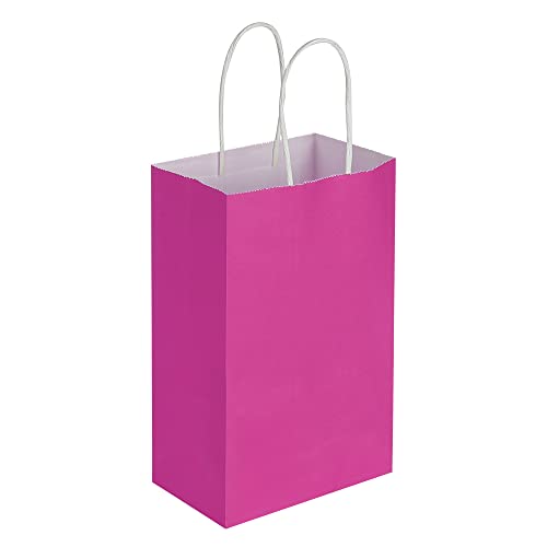 Oikss 100 Pack 5.25x3.25x8.25 inch Small Kraft Bags with Handles Bulk, Pink Paper Bags Birthday Wedding Party Favors Grocery Retail Shopping Business Goody Craft Gift Cub Sacks (Fuchsia 100PCS Count)