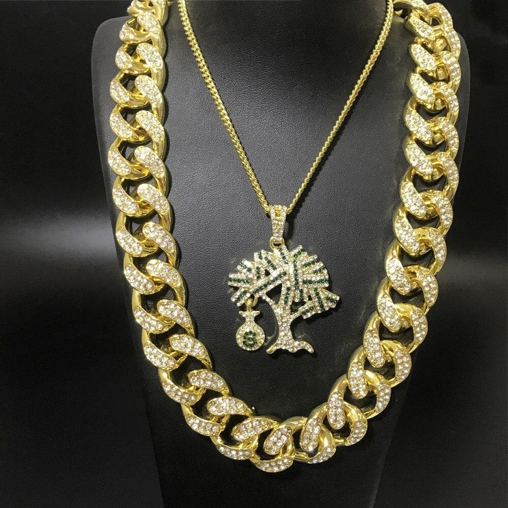 Hip Hop Men Crystal Miami Necklace Ice Out Cuban Chain Dollar Money Bag Pendant Bling Rapper Hip Hop Jewerly For Men