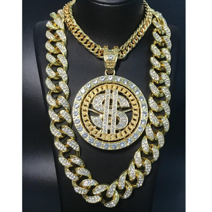 Hip Hop Men Gold Sliver Necklace Ice Out Crystal Miami Dollar Sign Rock Pendant Set Bling Rapper Hip Hop Jewerly For Men