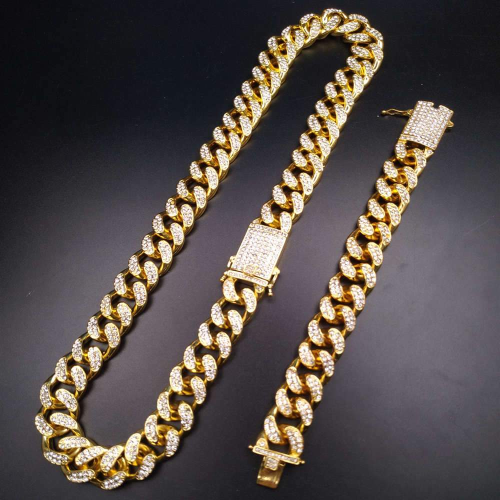 0.8 Inch Hip Hop Gold Color Ice Out Cuban Crystal Miami Cuban Chain Gold Silver Men Watch & Necklace & Bracelet Set Hip Hop King New