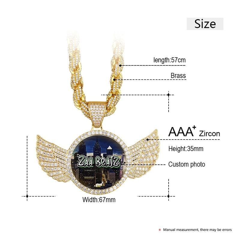 Gold Silver Custom Made Photo With Wings Medallions Necklace & Pendant Cubic Zircon Rope Chain For Men's Hip Hop Jewelry