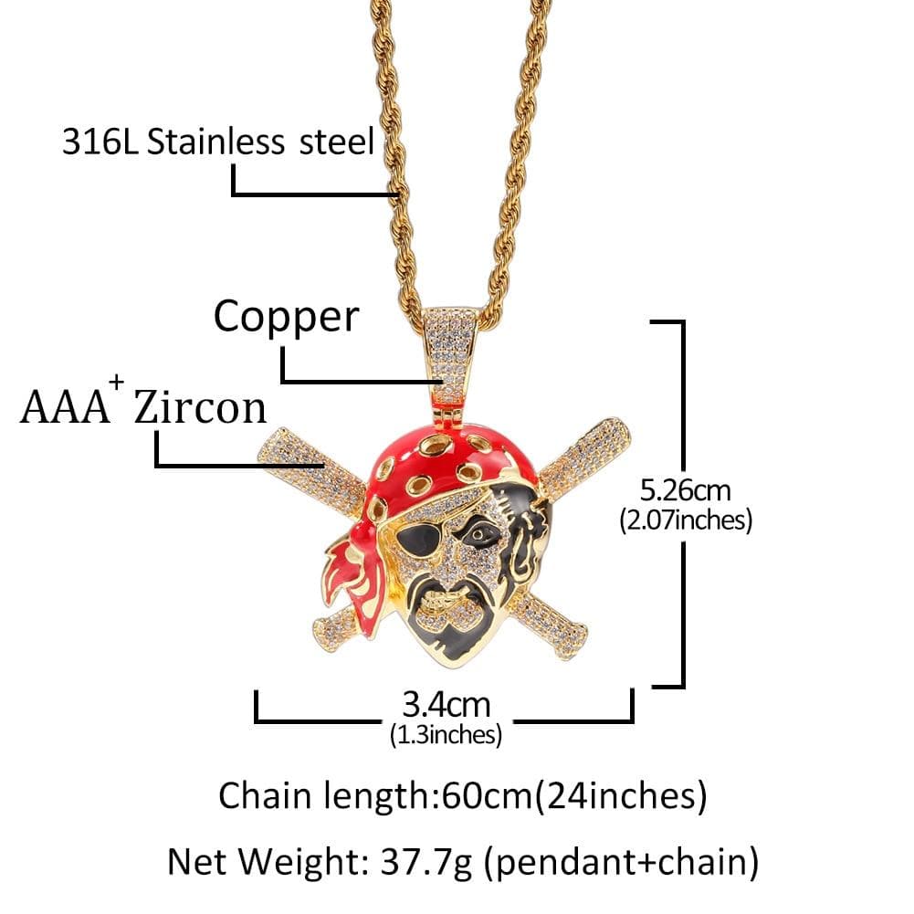 Hip-hop Skull Pirate Pendant, Gold Diamond Pendant, Skull Pirate Pendant, Iced Out Cuban Necklace Hip Hop For Men