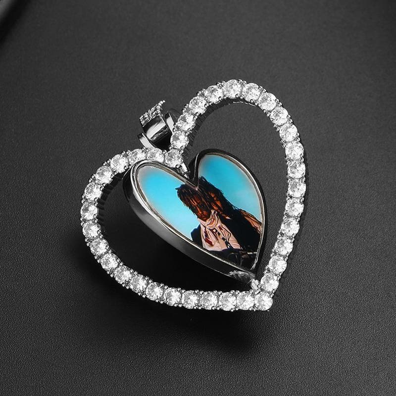 Hollow Heart Custom Photos Rotating Double-side Memory Medallion Solid Pendant Necklace Zircon Tennis Women Men Hip Hop Jewelry