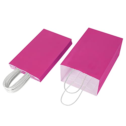 Oikss 100 Pack 5.25x3.25x8.25 inch Small Kraft Bags with Handles Bulk, Pink Paper Bags Birthday Wedding Party Favors Grocery Retail Shopping Business Goody Craft Gift Cub Sacks (Fuchsia 100PCS Count)