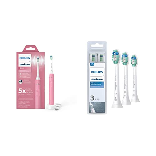 Philips Sonicare 4100 Electric Rechargeable Power Toothbrush, Pink, with Genuine Philips Sonicare Optimal Plaque Control Replacement Toothbrush Heads, White, 3 Pack