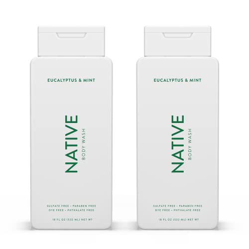 Native Natural Body Wash for Women, Men | Sulfate Free, Paraben Free, Dye Free, with Naturally Derived Clean Ingredients Leaving Skin Soft and Hydrating, Eucalyptus & Mint 18 oz - 2 Pk