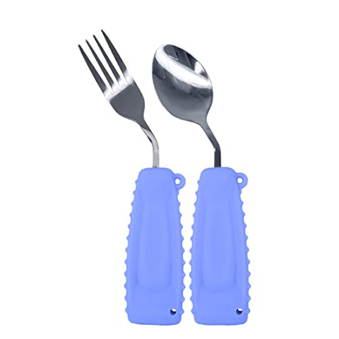 Ehucon Adaptive Utensils,Curved Angled Spoon and Fork Set,for Tremors Parkinsons Limited or Elderly,Lightweight Cutlery with Non-Slip Easy Grip Handles (Right Hand Spoon and Fork Set,Pack of 2,Purple)
