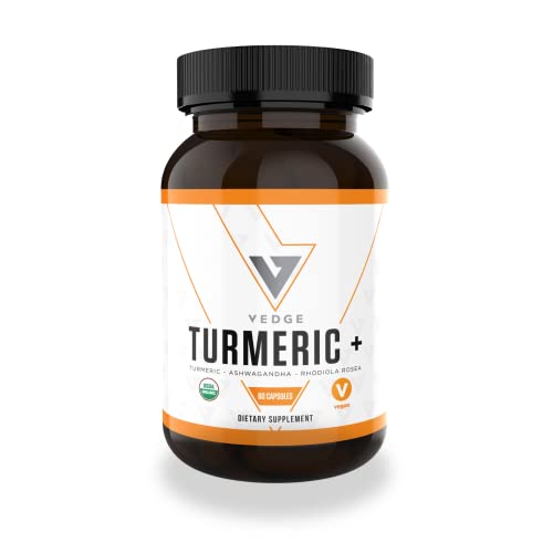 vedge Nutrition Turmeric+ | Organic Ayurvedic 3-in-1 Formula – Turmeric Root, Ashwagandha & Rhodiola Rosea | Muscle Recover & Joint Health | 30 Servings