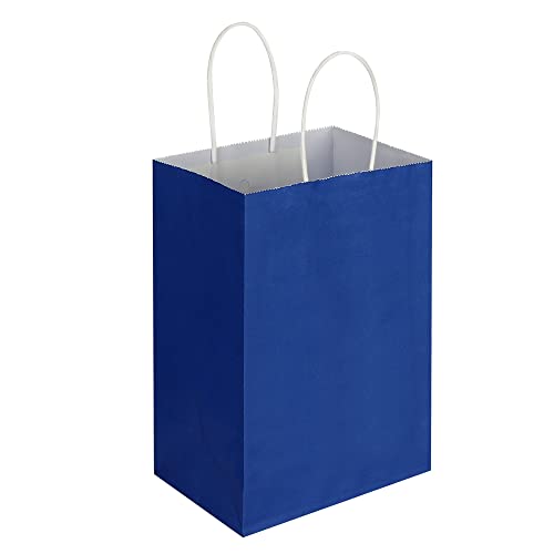 Oikss 100 Pack 5.25x3.25x8.25 inch Small Kraft Bags with Handles Bulk, Paper Bags Birthday Wedding Party Favors Grocery Retail Shopping Business Goody Craft Gift Bags Sacks (Royal Blue 100PCS Count)