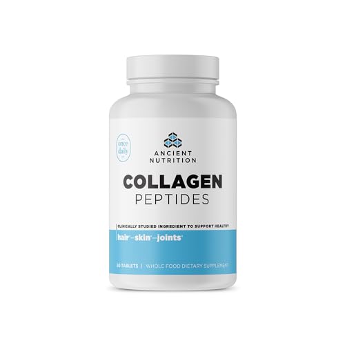 Ancient Nutrition Collagen Peptides, Collagen Peptides Tablets, Unflavored Hydrolyzed Collagen, Supports Healthy Skin, Hair, Joints, Gut, Gluten Free, Paleo, and Keto Friendly, 30 Count