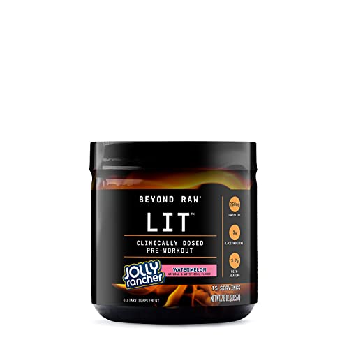 BEYOND RAW LIT | Clinically Dosed Pre-Workout Powder | Contains Caffeine, L-Citrulline, Beta-Alanine, and Nitric Oxide | Jolly Rancher Watermelon | 15 Servings