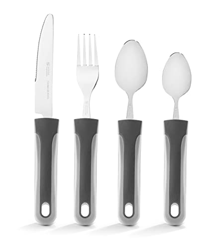 Special Supplies Adaptive Utensils (4-Piece Kitchen Set) Wide, Non-Slip Handles for Hand Tremors, Arthritis, Parkinson’s or Elderly Use, Stainless Steel Knife, Fork, Spoons (Gray Striped)