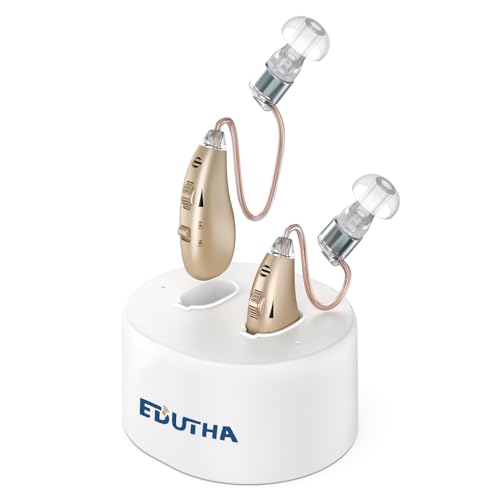 EDUTHA Hearing Aids, Rechargeable Hearing Aids for Seniors & Adults with Noise Cancelling, Behind-The-Ear Hearing Amplifier Personal Sound Amplification Devices with Portable Charging Case, Gold